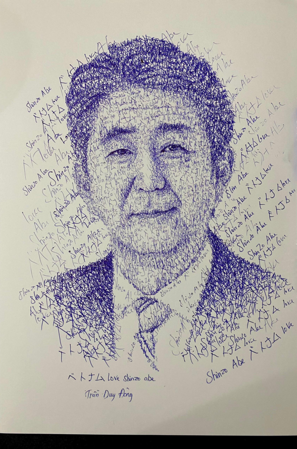 출처=thanhnien.vn/쩐 주이 동(Trần Duy Đông)이 볼펜으로 그린 고 아베 신조(Shinzo Abe) 일본 총리의 초상화