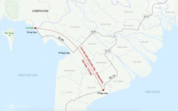 Hướng tuyến cao tốc Hà Tiên - Rạch Giá - Bạc Liêu. Đồ họa: Đăng Hiếu